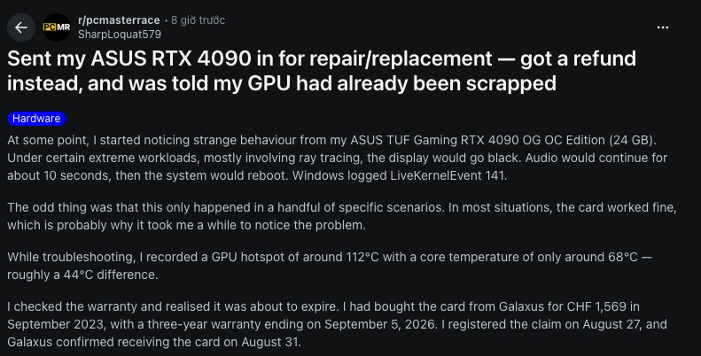 screenshot-2026-09-09-at-012024-1788891698148620691626-1788946312803-178894631338781388957 Gửi RTX 4090 đi bảo hành, người dùng sững sờ khi trung tâm tự tiêu hủy card rồi chỉ hoàn tiền - Ảnh 1.